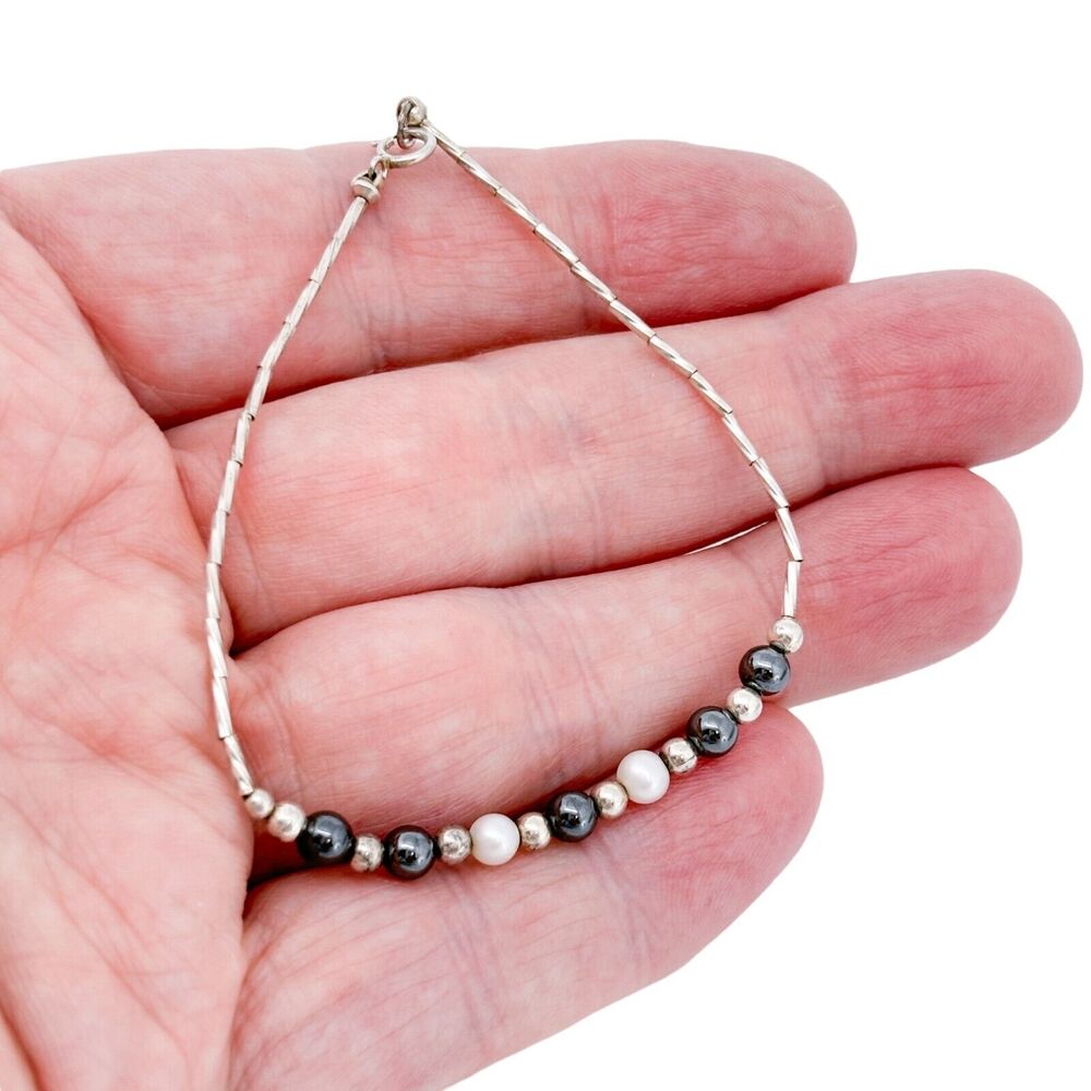 Vintage Sterling Silver 925 Pearl Bead Bracelet 7"